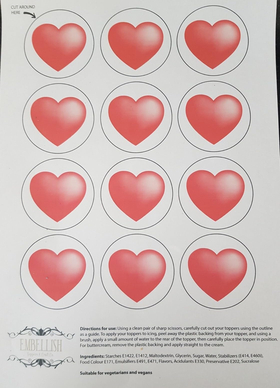 Happy Valentines Day Heart Edible Icing Print Cupcake Toppers, 12 Count, 5cm Diameter