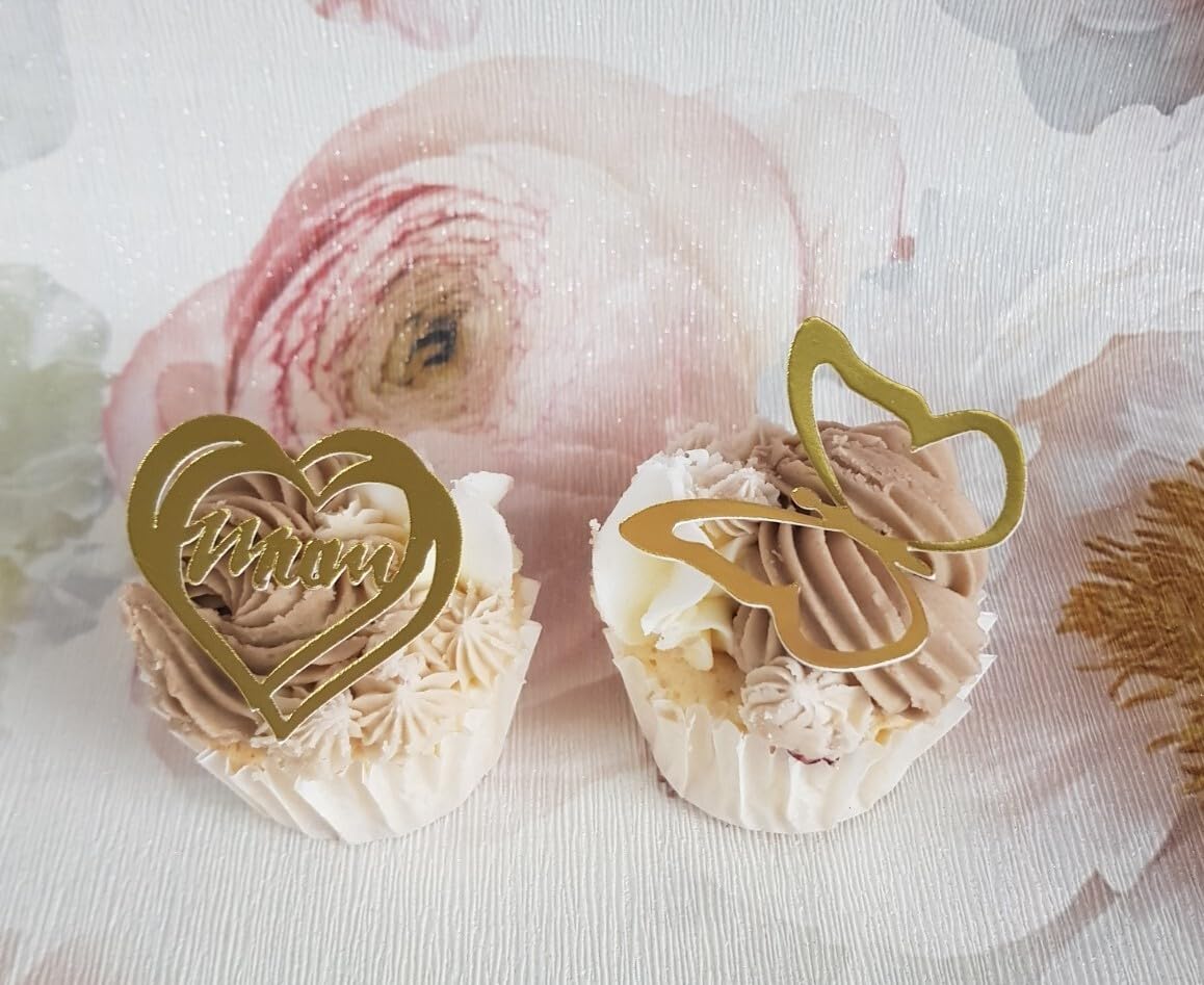 12 Gold Mirror Card Heart Mum and Butterfly Cupcake Toppers, 6 of Each Design, 5cm x 3.5cm