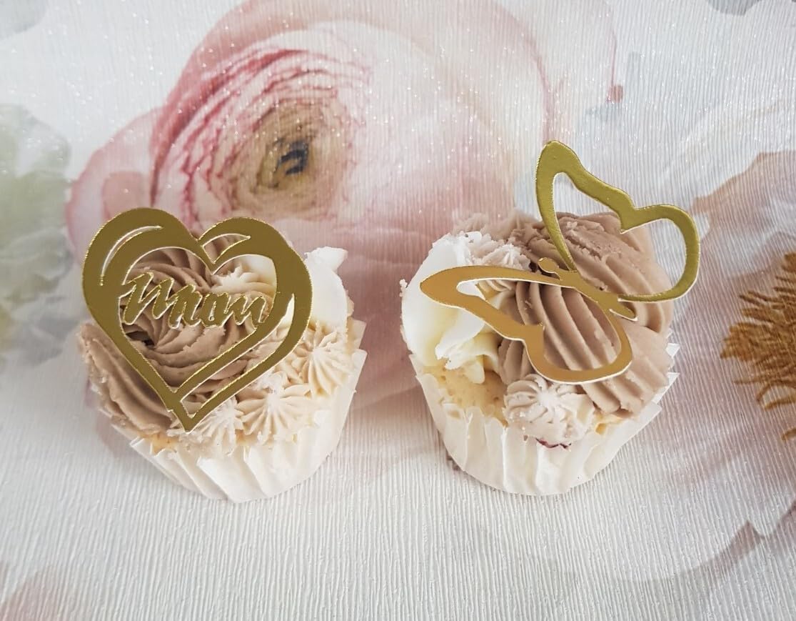 12 Gold Mirror Card Mum and Butterfly Cupcake Toppers, Cardmaking, Craft, 3.5x6 cm