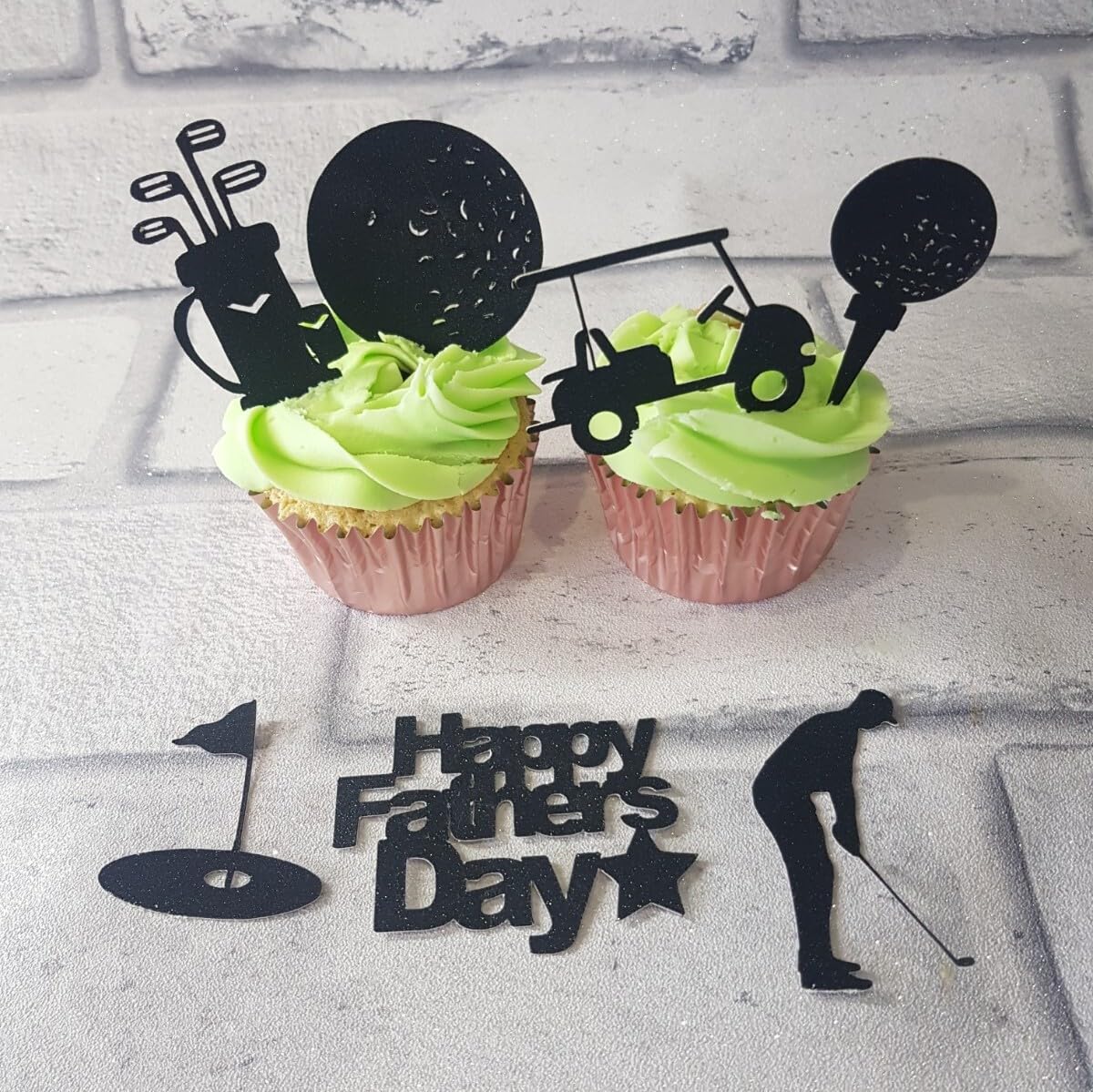 7 Happy Father's Day Golf Design Cupcake Toppers, Black Card, 6cm Height
