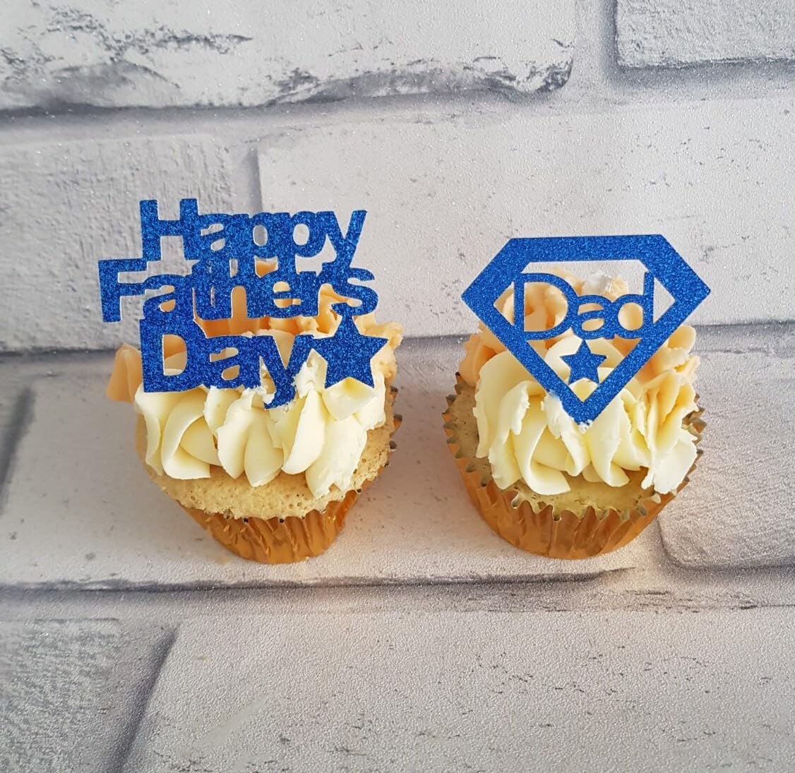 12 Blue Glitter Card Happy Fathers Day/Super Dad Cupcake Toppers, 6 x 3.5 cm