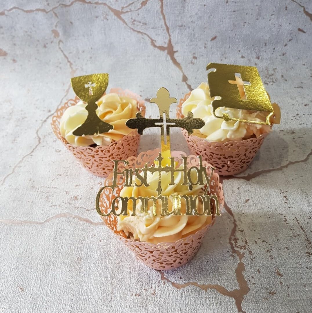 12 Gold Mirror Card First Holy Communion Cupcake Toppers, 4 Designs with Bible, Cross, Chalice