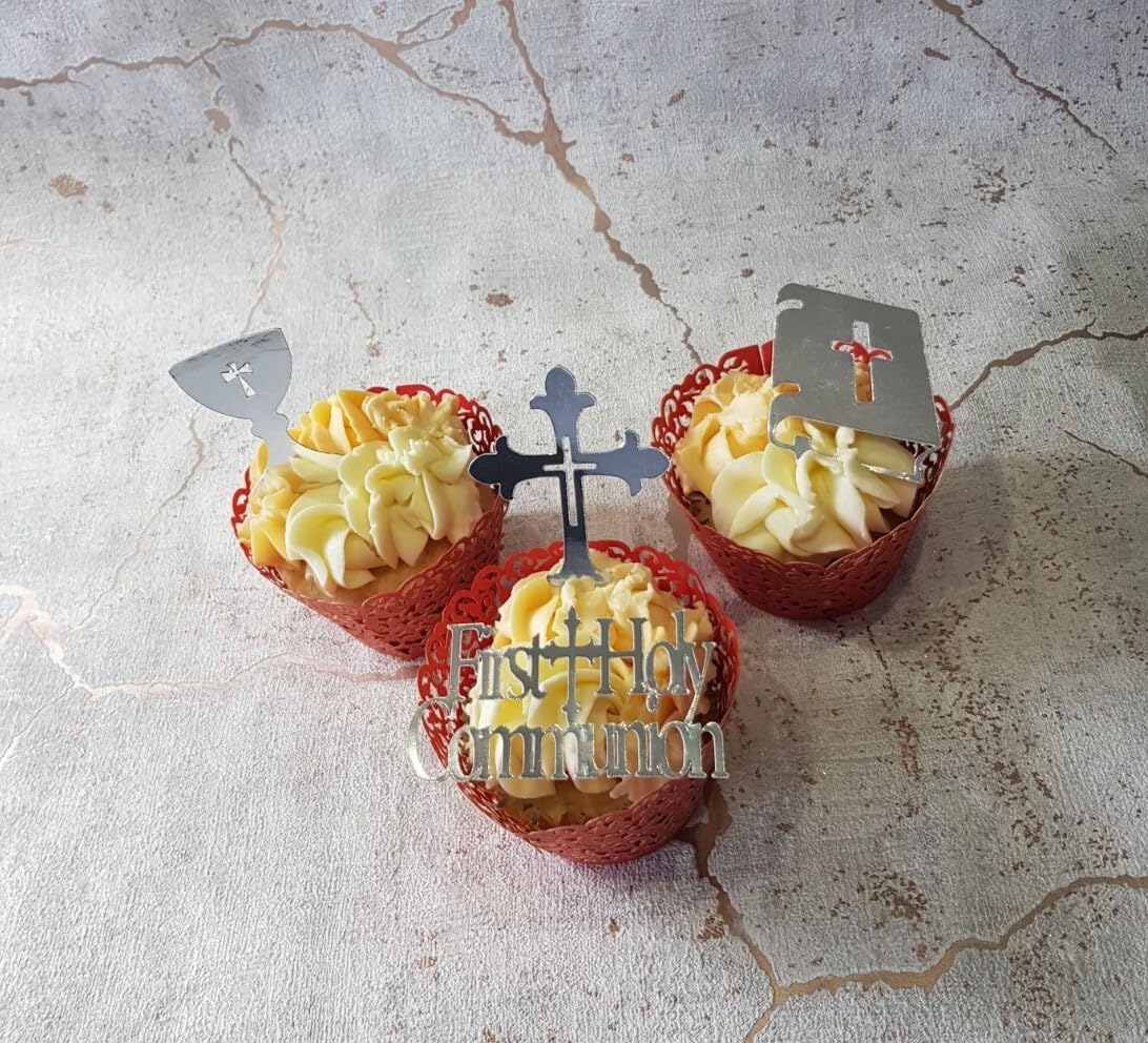 12 Silver Mirror Card First Holy Communion Cupcake Toppers in 4 Designs, 3.5x6 cm