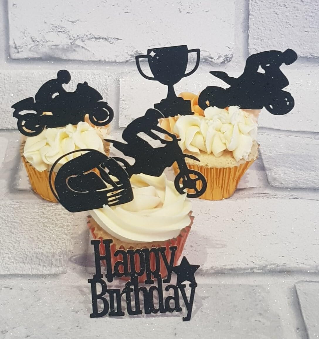 12 Motorbike Happy Birthday Black Card Non Edible Cupcake Toppers, 6 Designs, 3.5x6 cm