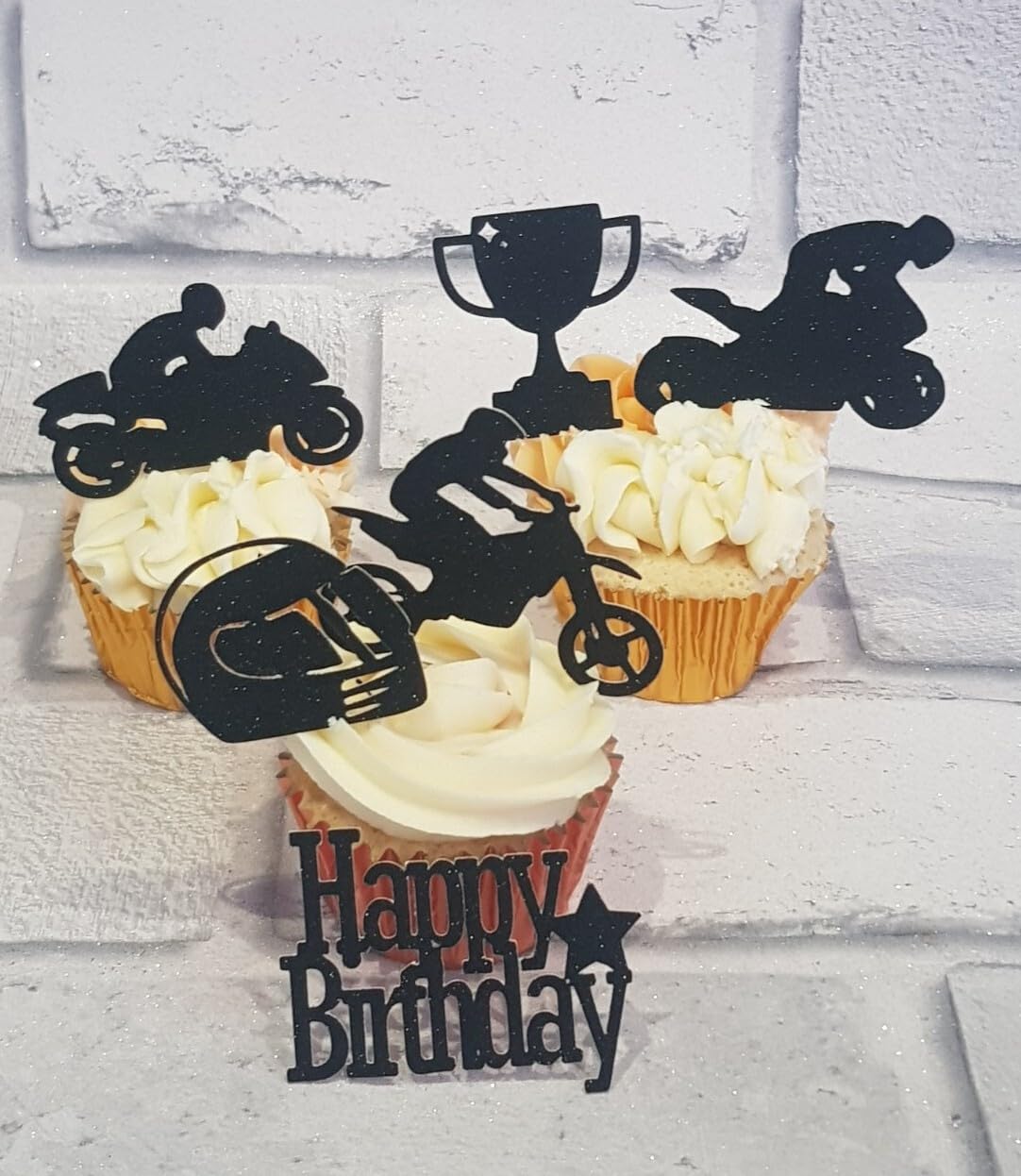 Happy Birthday Motorbike Cupcake Toppers, Black Card, 6 Pack