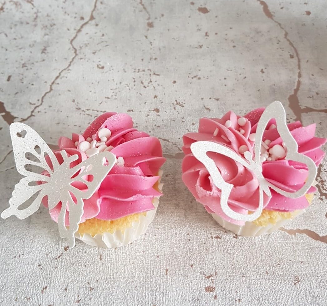 12 White Glitter Card Butterfly Cupcake Toppers, Communion, Christening, Wedding, 3.5x6 cm