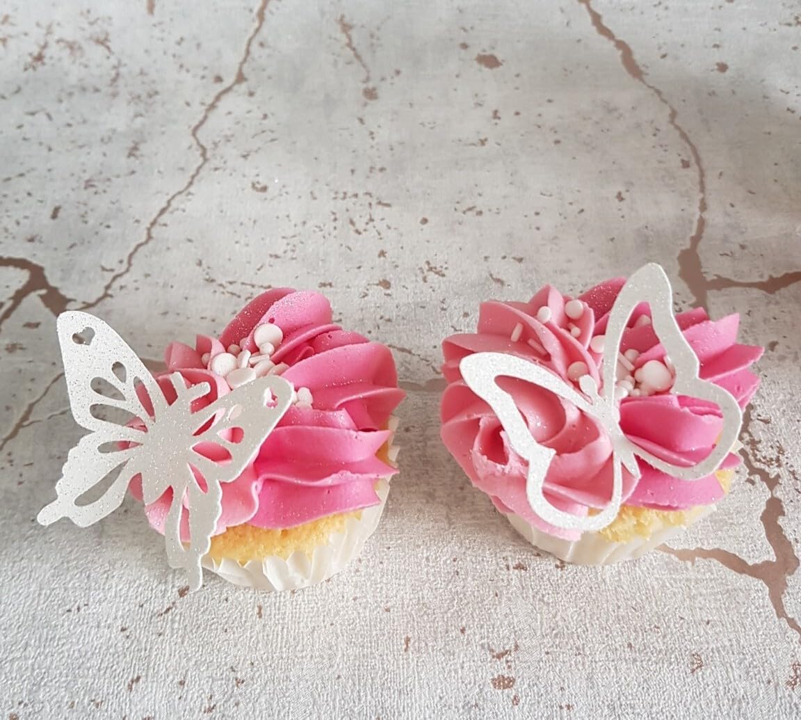 White Glitter Card Butterflies, 6 Pack, Cupcake Toppers, 2 Designs, 3.5x6 cm